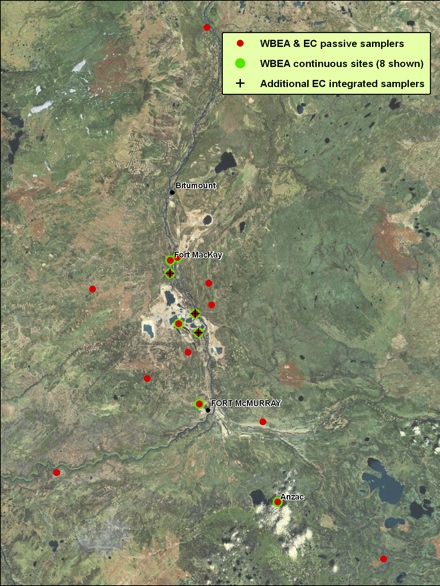 Figure 9. Map showing the proposed locations for an expanded sampling network. Red dots are WBEA and EC (2010) passive air samplers, and Green dots are WBEA sampling sites, currently in use for the surveillance study. + signs are proposed additional powered hi-volume air and precipitation monitoring