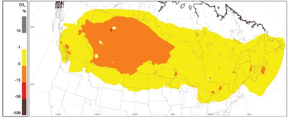 Figure G.2 Variation pr&eacute;vue des concentrations estivales d'ozone (juin, juillet et ao&ucirc;t) en 2015