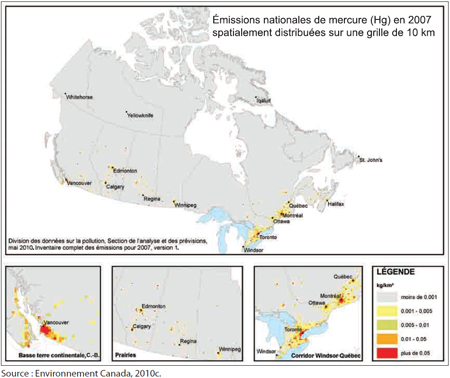 Figure 6 Distribution spatiale des émissions anthropiques canadiennes de mercure dans l'atmosphère en 2007