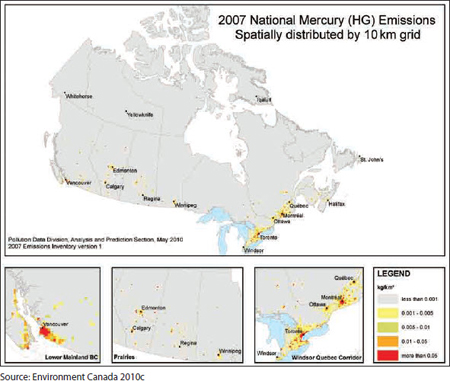 Figure 6 Spatial distribution of Canadian anthropogenic atmospheric mercury