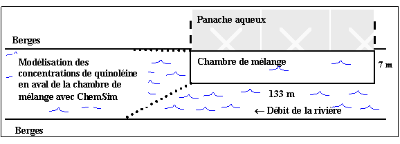 Scénario utilisé pour définir le profil spatial de la contamination dans la rivière. Une chambre de mélange est utilisée pour créer un modèle de la contamination de l'eau de la rivière par la quinoléine après le contact initial avec les eaux souterraines contaminées.