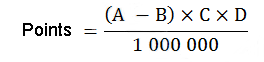 Equation 3. Les points sont égals à A moins B multiplié par C multiplié par D et divisé par un million