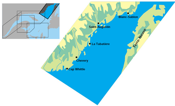 Carte du fleuve Saint-Laurent entre Cap Whittle et Blanc-Sablon.