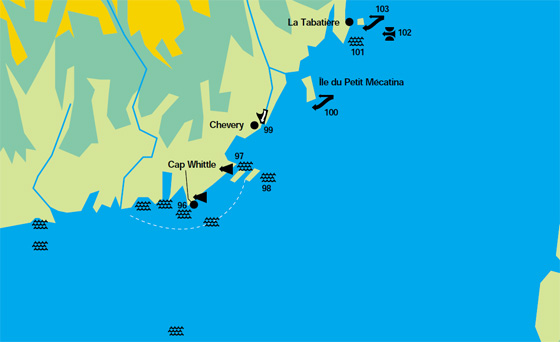 Map displaying the marine conditions for Cap Whittle, Île Galibois, Îles Sainte-Marie, Chevery (Rivière Nétagamiou), Cap Mackinnon (Île du Petit Mécatina), Baie des Moutons, Île du Gros Mécatina and Île aux Trois Collines.