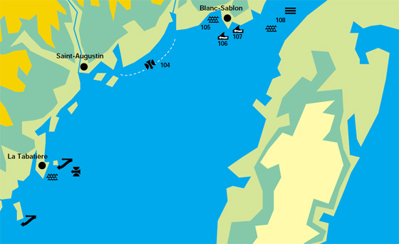 Carte affichant les conditions marines pour les régions de Baie de Jacques-Cartier à la baie du Vieux Fort, Baie de Brador, Banc Perroquet à l'île Greenly, Baie de Blanc-Sablon et Détroit de Belle Isle.