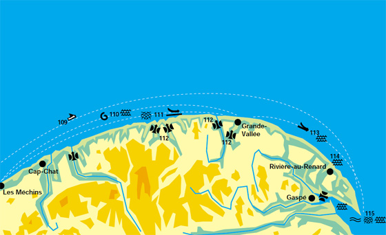 Carte affichant les conditions marines pour les régions de Matane à Cap-des-Rosiers, Les Méchins à Grande-Vallée, Les Méchins à Rivière-la-Madeleine, Mont-Louis - L'Anse-Pleureuse - Rivière-la-Madeleine - Grande-Vallée, Petite-Vallée au cap Gaspé, Rivière-au-Renard et Cap Gaspé.