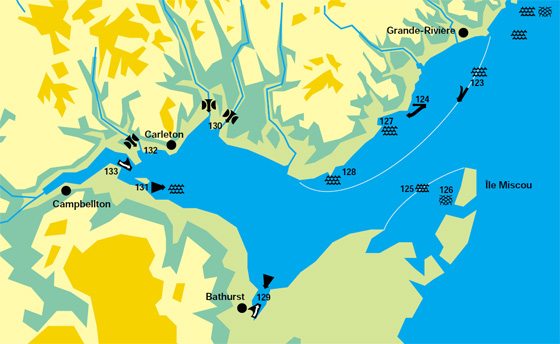 Map displaying the marine conditions for Cap d’Espoir to Pointe Bonaventure, Pointe au Maquereau, Miscou Island (Northwest side), Port-Daniel, Baie de Paspébiac, Bathurst, Petite rivière Cascapédia and Rivière Cascapédia, Heron Channel, Rivière Nouvelle (baie Tracadigache) and Eel Bay. 