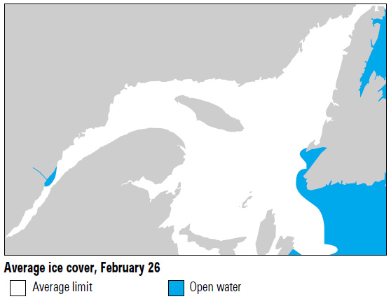 Average ice cover on February 26.  Ice covers the St. Lawrence Estuary extending into the Gulf of St. Lawrence with the edge towards the southern tip of Newfoundland.