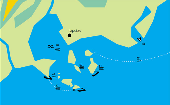 Carte affichant les conditions marines pour les régions de Chenal de l'Ouest, Pointe à la Chasse, Baie des Sept Îles, Île du Corossol, La Petite Boule (île), La Grosse Boule (île), Sept-Îles à Rivière-Saint-Jean et Rivière Moisie.