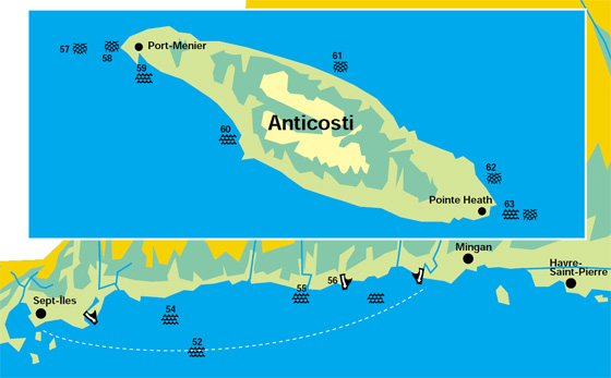 Map displaying the marine conditions for Banc Blaskowit, Rivière Sheldrake, Rivière-au-Tonnerre, Banc Parent, Pointe de l’Ouest, Port-Menier, Rivière Jupiter, Pointe Carleton, Cap de la Table and Pointe Heath regions. 