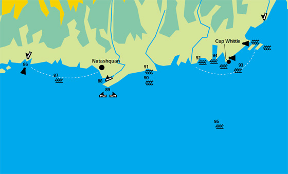 Map displaying the marine conditions for Baie Johan-Beetz, Baie Johan-Beetz to Natashquan, Rivière Natashquan, Pointe de Natashquan, Haut-fond Court, Kegaska, La Romaine, La Romaine to Îles Sainte-Marie, Rivière Olomane and Banc Beaugé.
