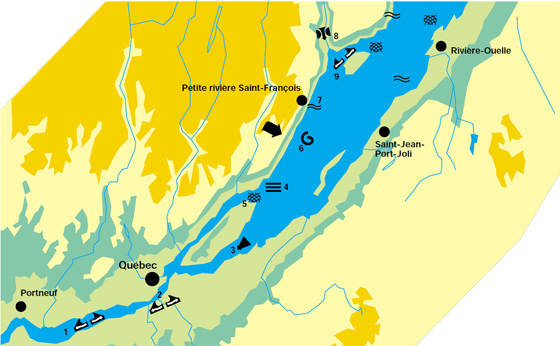 Map displaying the marine conditions for Portneuf to Québec, Québec bridges, Québec to Île aux Coudres, Pointe Saint-Jean to Cap Tourmente, Pointe Argentenay, Cap Tourmente to Saint-Siméon, Petite rivière Saint-François, Baie Saint-Paul and Passage de l'Île aux Coudres regions.