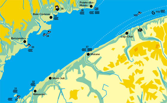 Map displaying the marine conditions for Île du Bic, Île du Bic (Northern part and close to Île Bicquette lighthouse), Rimouski (harbour), Pointe à Michel, Battures de Manicouagan (flats), Baie-Comeau,  Anse Saint-Pancrace, Matane and Godbout regions. 