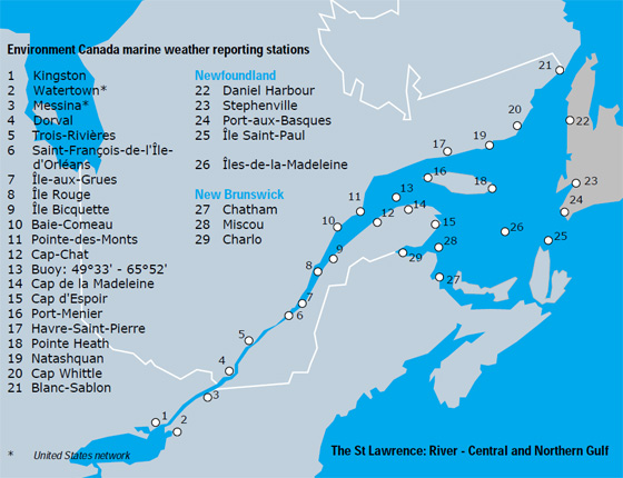 Map showing environment Canada’s marine reporting stations from the St. Lawrence River to the Central and Northern Gulf. 