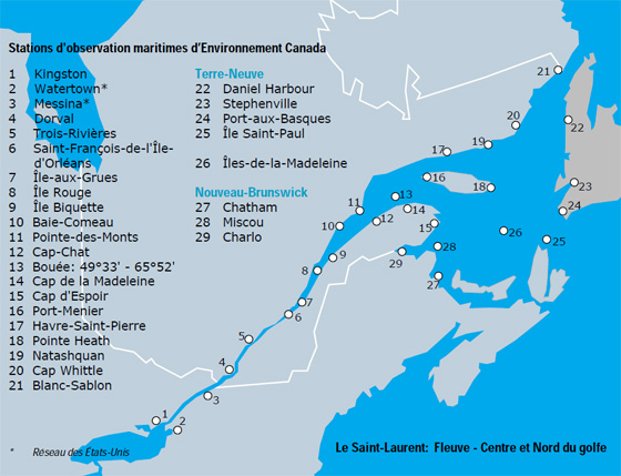 Carte affichant l'emplacement des stations d’observations d’Environnement Canada du fleuve du Saint Laurent jusqu’au Golfe du Saint Laurent. 