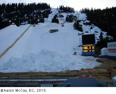 A warm and wet January set the stage for work crews to bring in snow and hay in preparation for competitions at Cypress Mountain.  © Aaron McCay Environment Canada 2010.