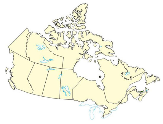 Map of Canada highlighting Prince Edwards Island affected by multiple ice storms during hte 2007-2008 winter