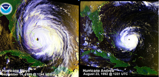 Images satellite des ouragans Floyd et Andrew. Photo : NOAA