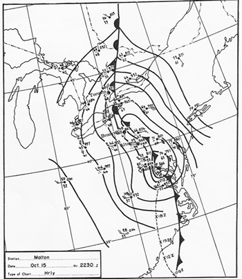 Map (from Knox) shows a zoom into the area near the Great Lakes, from 6:30 p.m. EDT shows the position of the front (still near Toronto) and the elongated area of low pressure... with the dying centre of Hazel I still evident. (October 15, 1954)