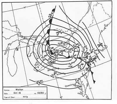 map from 10:30 p.m. EDT shows a more consolidated storm centre in the pressure pattern over the western end of Lake Ontario. This is Hazel II. (October 15, 1954)