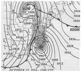 This map (from NOAA) shows the surface pressure lines and weather features over North America at 11 a.m. EDT. Hazel is about to land in the Carolinas while a cold front extends from Ontario (just east of Toronto) down to the Gulf of Mexico. The shaded area depicts rainfall, which can be seen to connect from Hazel all the way to an area of low pressure north of Lake Superior. (October 15, 1954)