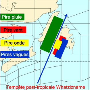 L’illustration montre les zones généralement menacées par les différentes conditions normalement présentes dans une tempête post-tropicale (expliquées en détail ci-dessous).