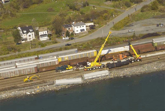 Train tracks and railcars wash into Halifax Harbour during the storm surge. Photo: Maritime Forces Atlantic